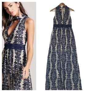 Grayson sheer lace mesh lined navy lace maxi deep v dress